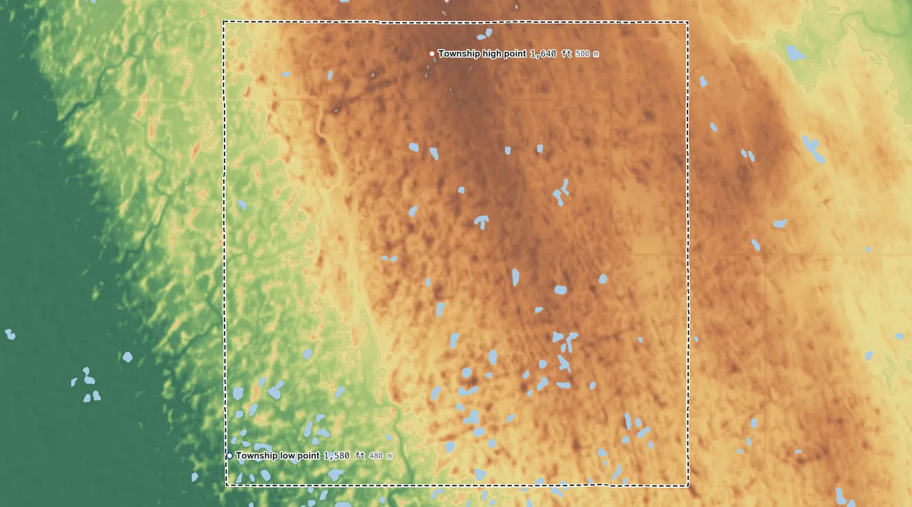 Topographic elevation map of Bruce Township, North Dakota, shaded from 1,580 ft on the southwest side to 1,640 ft on the north side