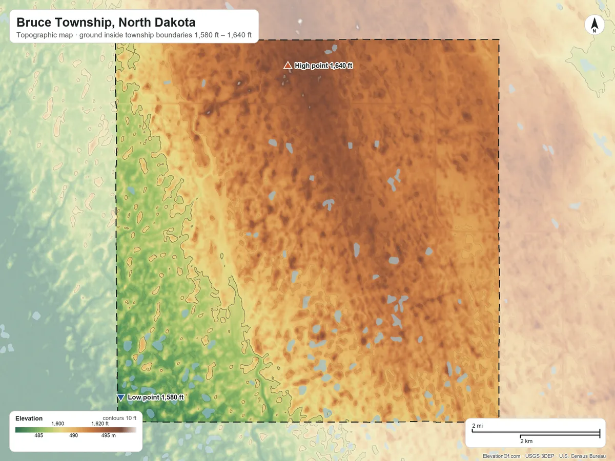 Topographic elevation map of Bruce Township, North Dakota, shaded from 1,580 ft on the southwest side to 1,640 ft on the north side