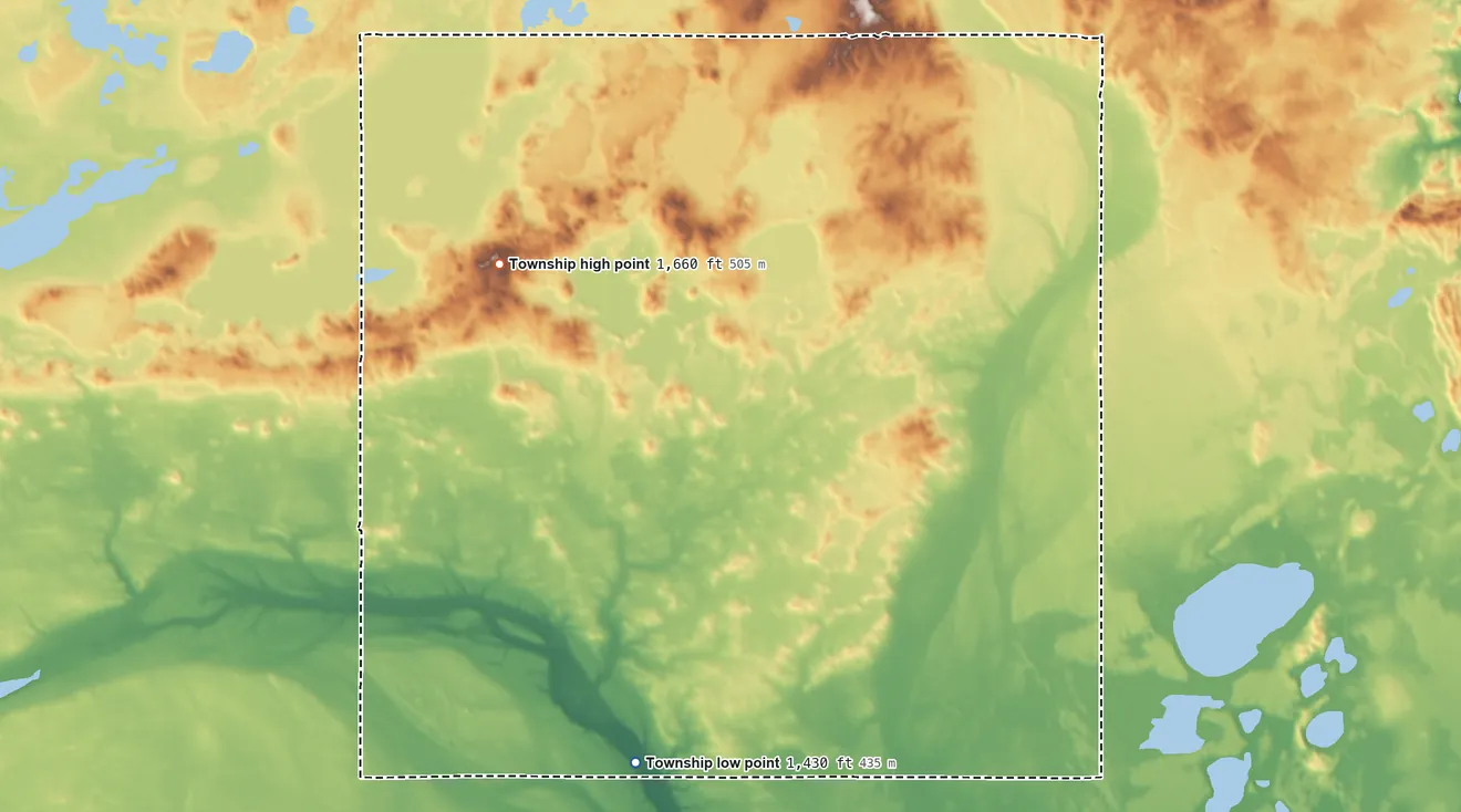 Topographic elevation map of Bryan Township, North Dakota, shaded from 1,430 ft on the southwest side to 1,660 ft on the west side