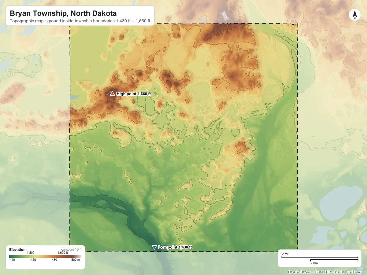 Topographic elevation map of Bryan Township, North Dakota, shaded from 1,430 ft on the southwest side to 1,660 ft on the west side