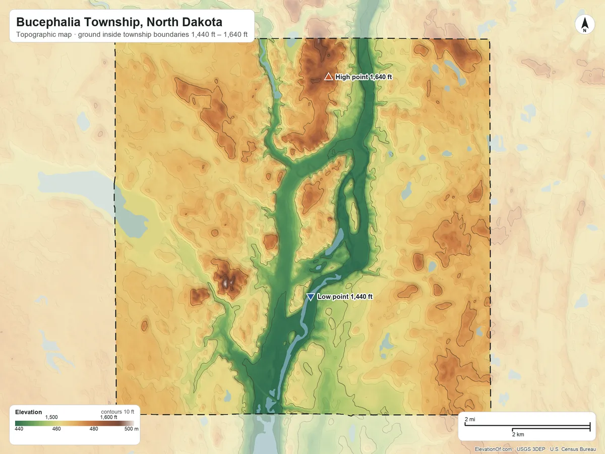 Topographic elevation map of Bucephalia Township, North Dakota, shaded from 1,440 ft on the south side to 1,640 ft near the middle