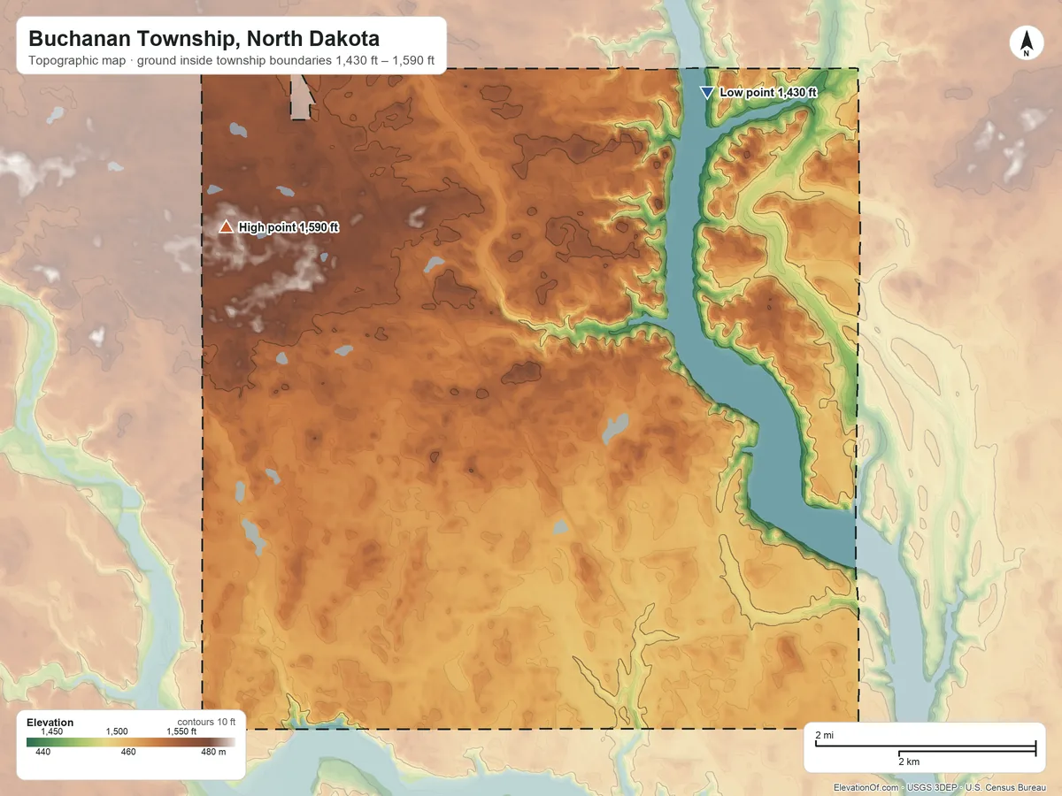 Topographic elevation map of Buchanan Township, North Dakota, shaded from 1,430 ft on the north side to 1,590 ft on the northwest side