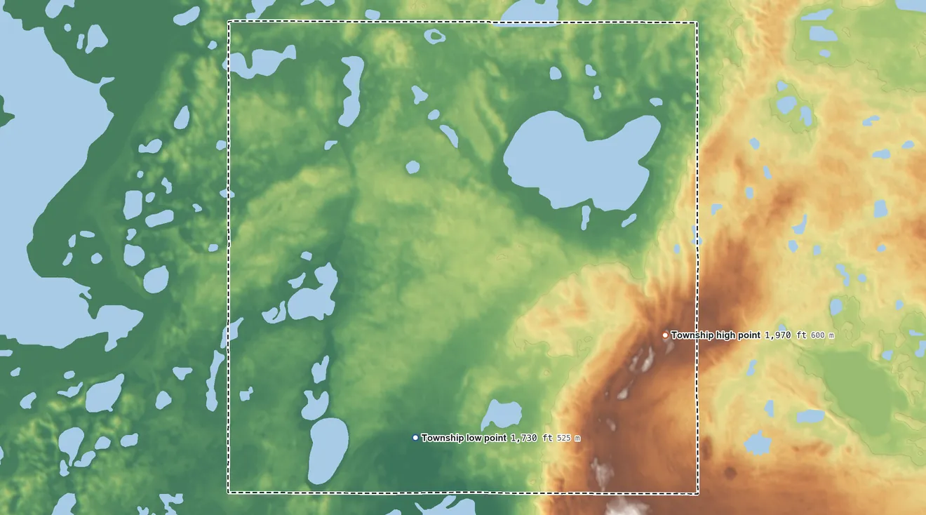Topographic elevation map of Buckeye Township, North Dakota, shaded from 1,730 ft on the southwest side to 1,970 ft on the southeast side