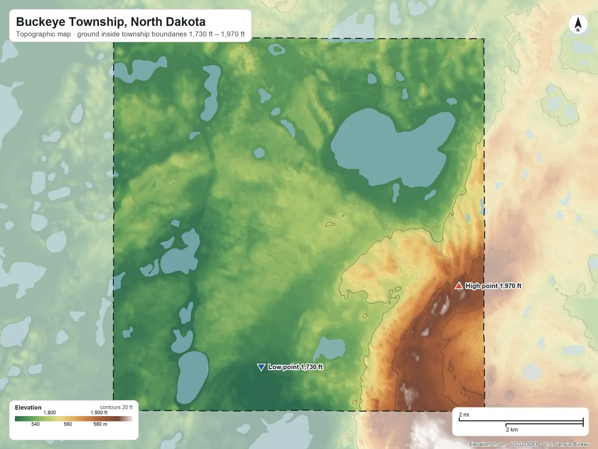 Topographic elevation map of Buckeye Township, North Dakota, shaded from 1,730 ft on the southwest side to 1,970 ft on the southeast side
