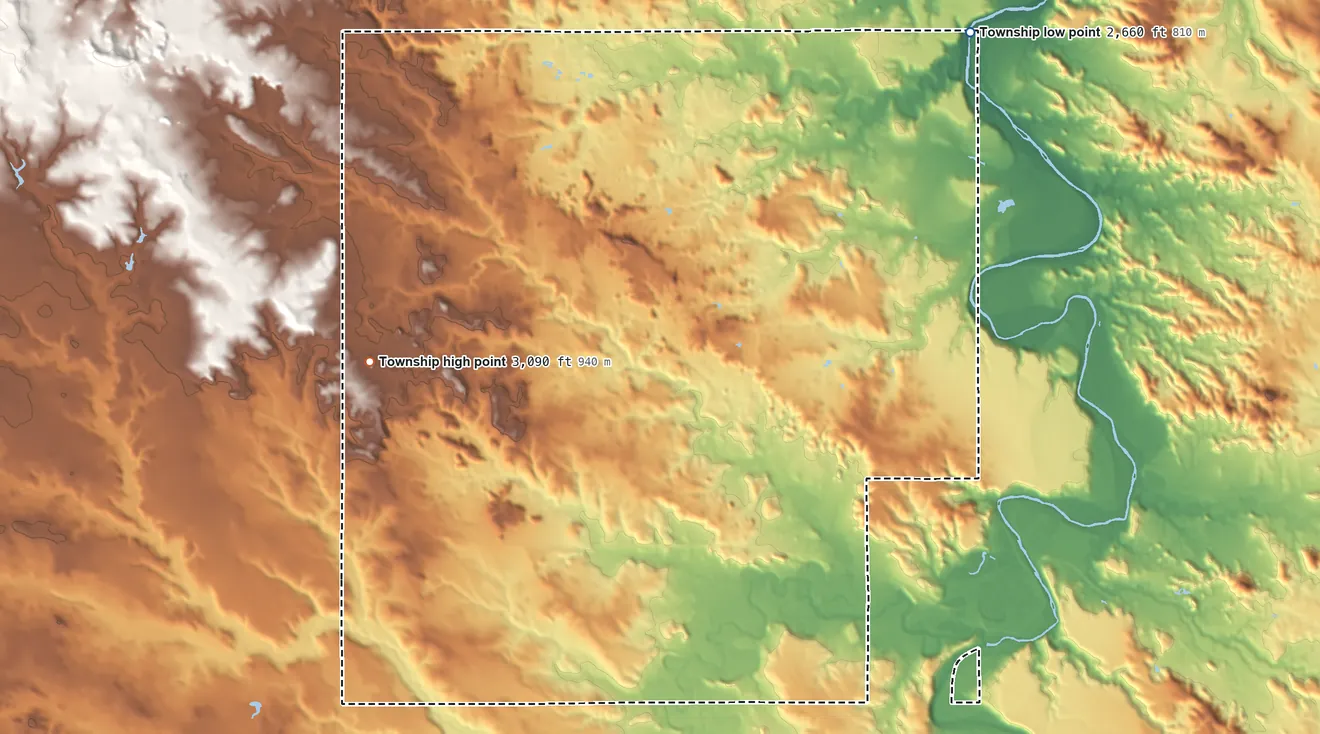 Topographic elevation map of Bucklin Township, North Dakota, shaded from 2,660 ft on the northeast side to 3,090 ft on the northwest side