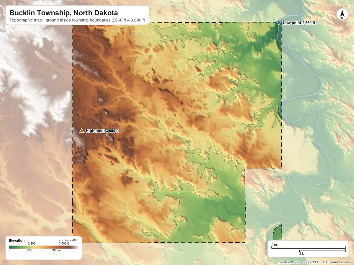 Topographic elevation map of Bucklin Township, North Dakota, shaded from 2,660 ft on the northeast side to 3,090 ft on the northwest side