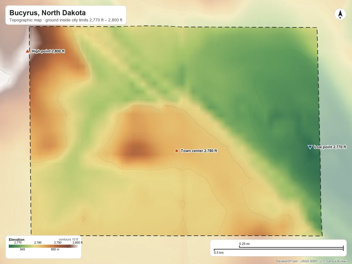 Topographic elevation map of Bucyrus, North Dakota, shaded from 2,770 ft on the east side to 2,800 ft on the northwest side