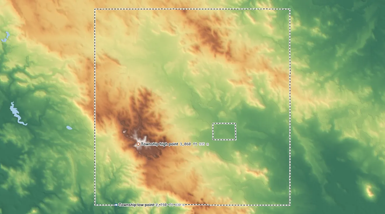 Topographic elevation map of Bucyrus Township, North Dakota, shaded from 2,730 ft on the south side to 3,060 ft on the southeast side