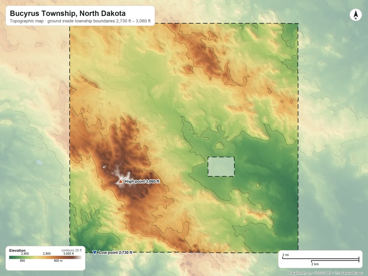 Topographic elevation map of Bucyrus Township, North Dakota, shaded from 2,730 ft on the south side to 3,060 ft on the southeast side
