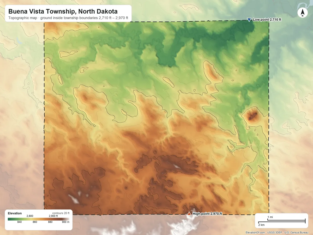 Topographic elevation map of Buena Vista Township, North Dakota, shaded from 2,710 ft on the northeast side to 2,970 ft on the east side