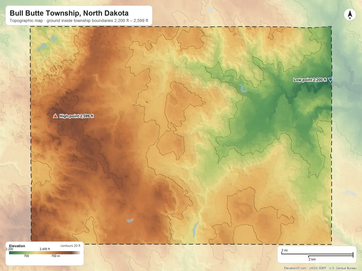 Topographic elevation map of Bull Butte Township, North Dakota, shaded from 2,200 ft on the northeast side to 2,599 ft on Bull Butte