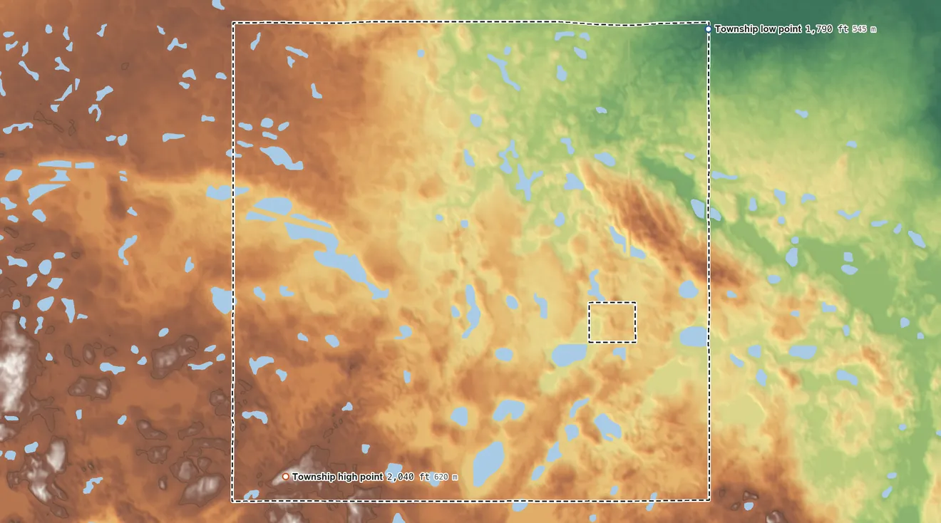 Topographic elevation map of Bull Moose Township, North Dakota, shaded from 1,790 ft on the northeast side to 2,040 ft on the southwest side