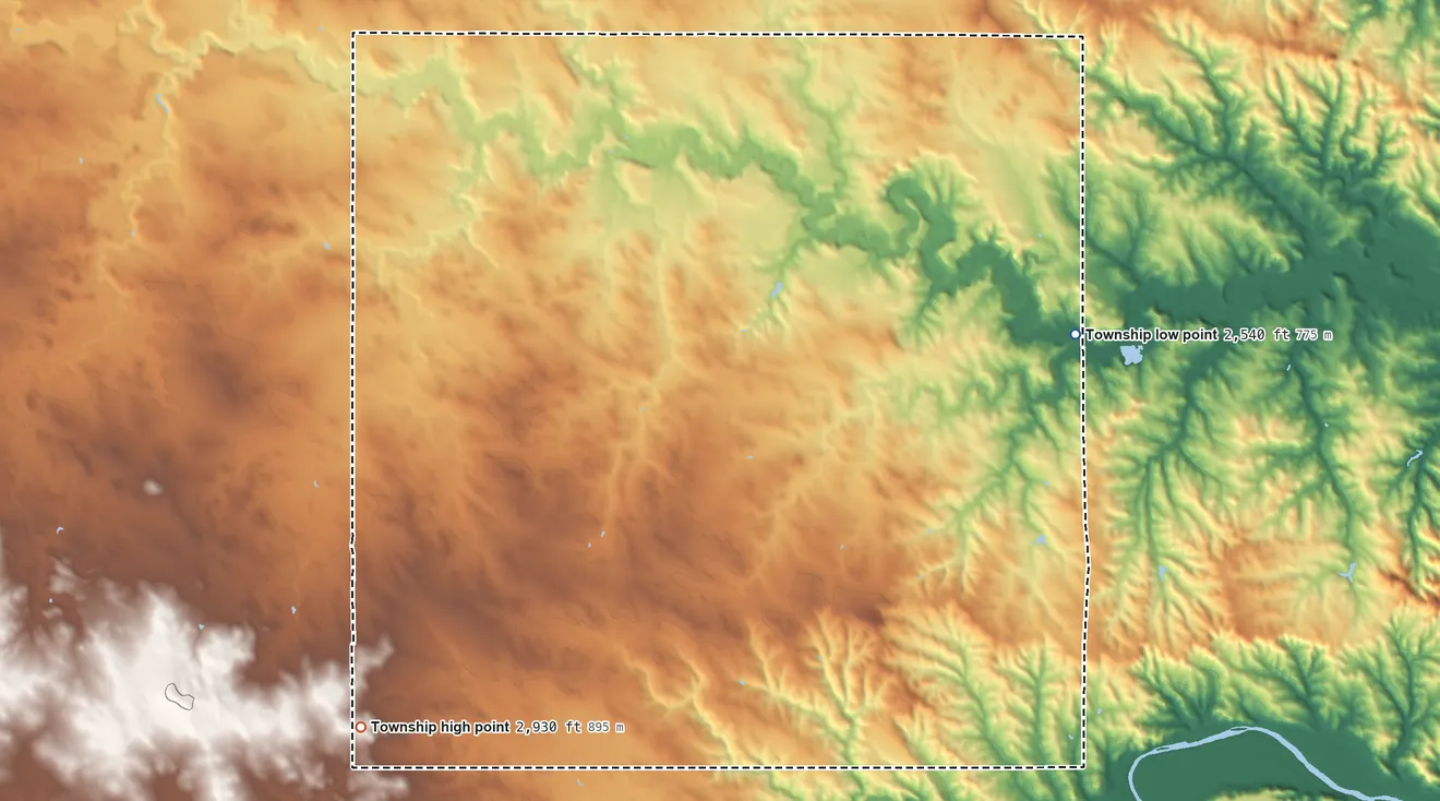 Topographic elevation map of Bullion Township, North Dakota, shaded from 2,540 ft on the east side to 2,930 ft on the southwest side