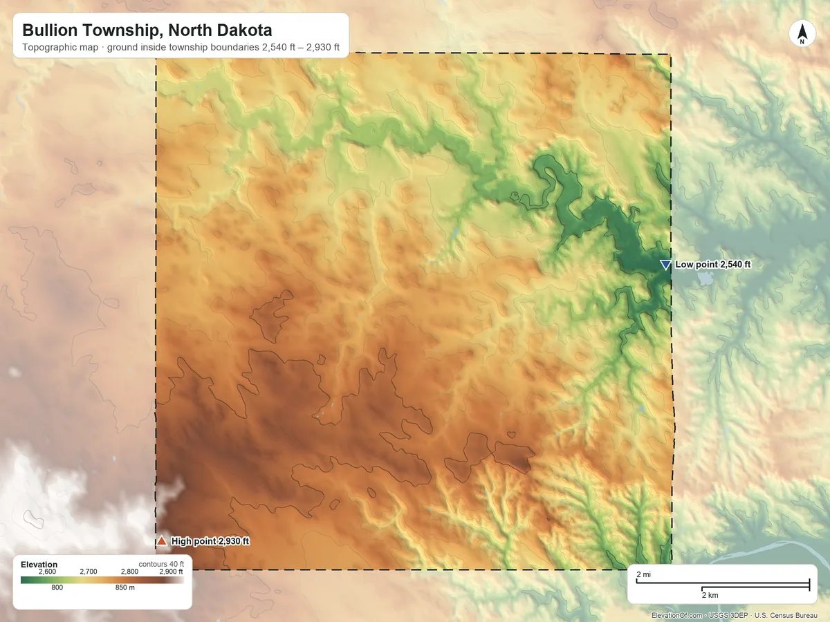 Topographic elevation map of Bullion Township, North Dakota, shaded from 2,540 ft on the east side to 2,930 ft on the southwest side