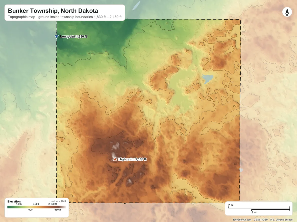 Topographic elevation map of Bunker Township, North Dakota, shaded from 1,830 ft on the west side to 2,180 ft on the southwest side