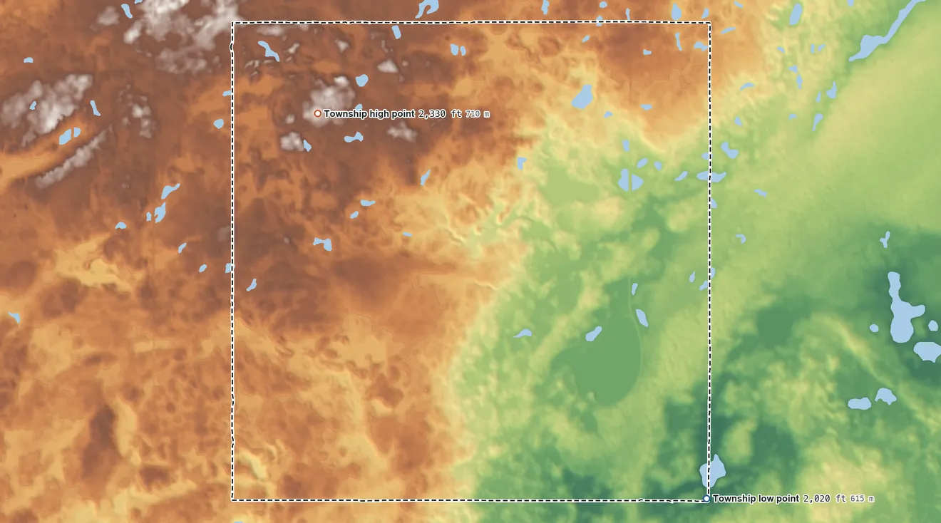 Topographic elevation map of Burg Township, North Dakota, shaded from 2,020 ft on the east side to 2,330 ft on the north side
