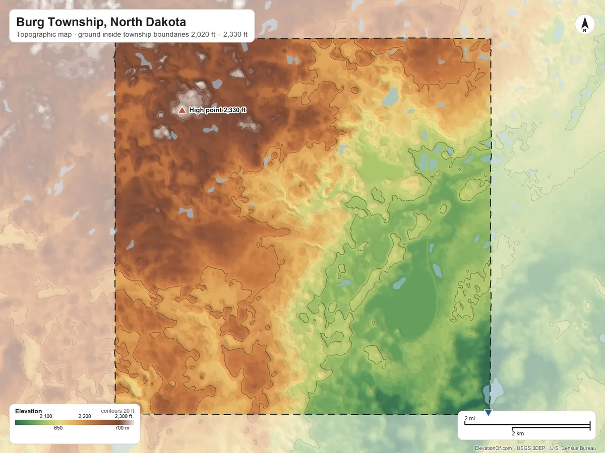 Topographic elevation map of Burg Township, North Dakota, shaded from 2,020 ft on the east side to 2,330 ft on the north side
