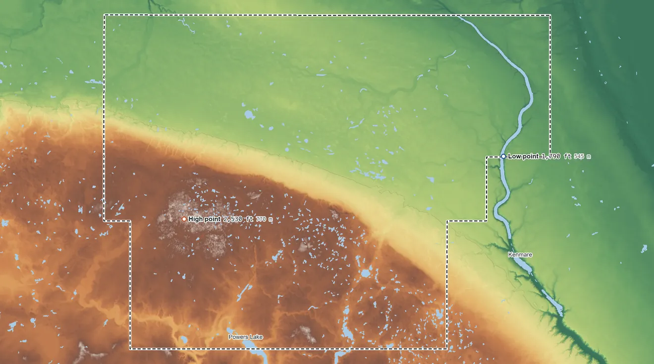 Topographic elevation map of Burke County, North Dakota, shaded from 1,790 ft on the east side to 2,530 ft on the west side