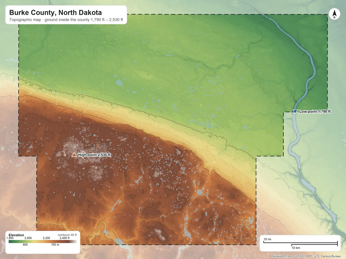 Topographic elevation map of Burke County, North Dakota, shaded from 1,790 ft on the east side to 2,530 ft on the west side