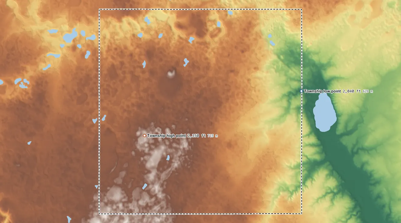 Topographic elevation map of Burke Township, North Dakota, shaded from 2,040 ft on the east side to 2,350 ft on the southwest side