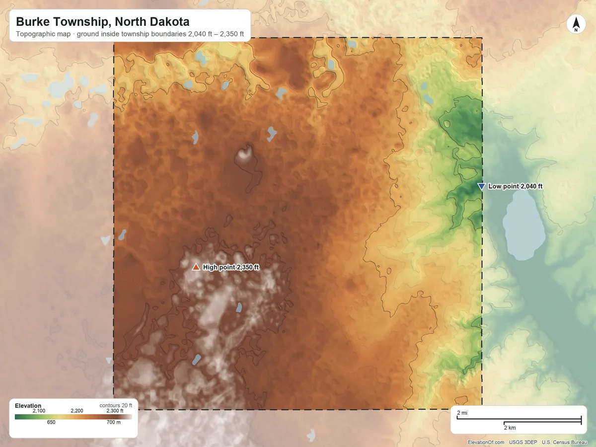 Topographic elevation map of Burke Township, North Dakota, shaded from 2,040 ft on the east side to 2,350 ft on the southwest side