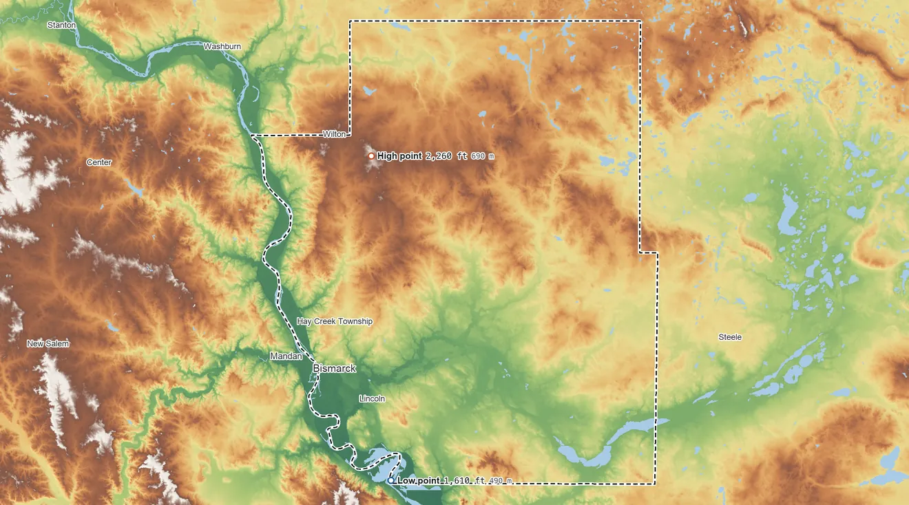 Topographic elevation map of Burleigh County, North Dakota, shaded from 1,610 ft on the south side to 2,260 ft on the northwest side