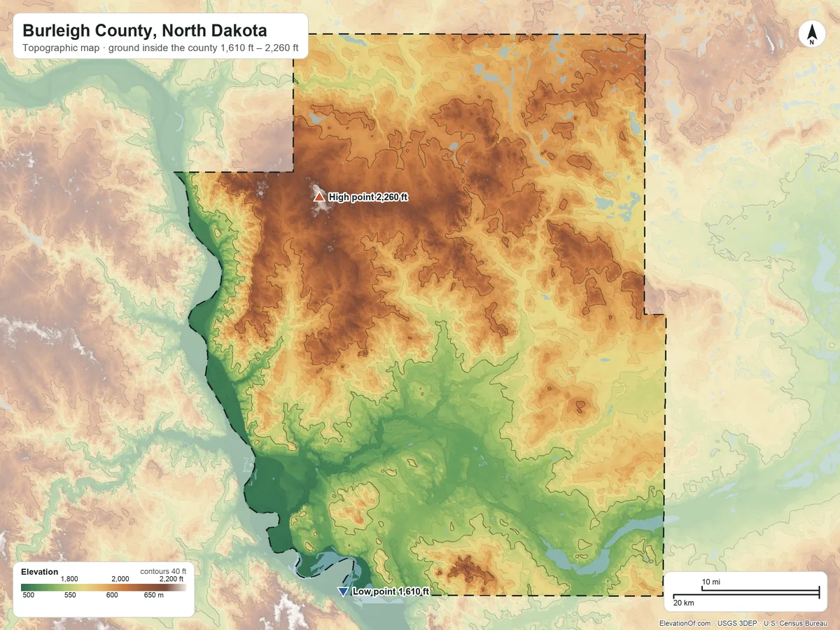 Topographic elevation map of Burleigh County, North Dakota, shaded from 1,610 ft on the south side to 2,260 ft on the northwest side