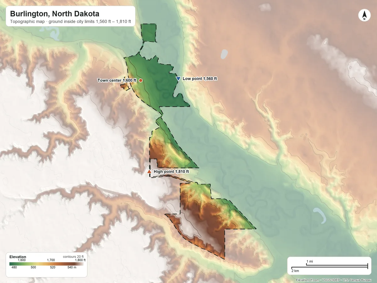 Topographic elevation map of Burlington, North Dakota, shaded from 1,560 ft on the east side to 1,810 ft on the south side