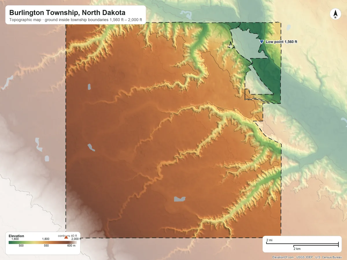 Topographic elevation map of Burlington Township, North Dakota, shaded from 1,560 ft on the northeast side to 2,000 ft on the southwest side