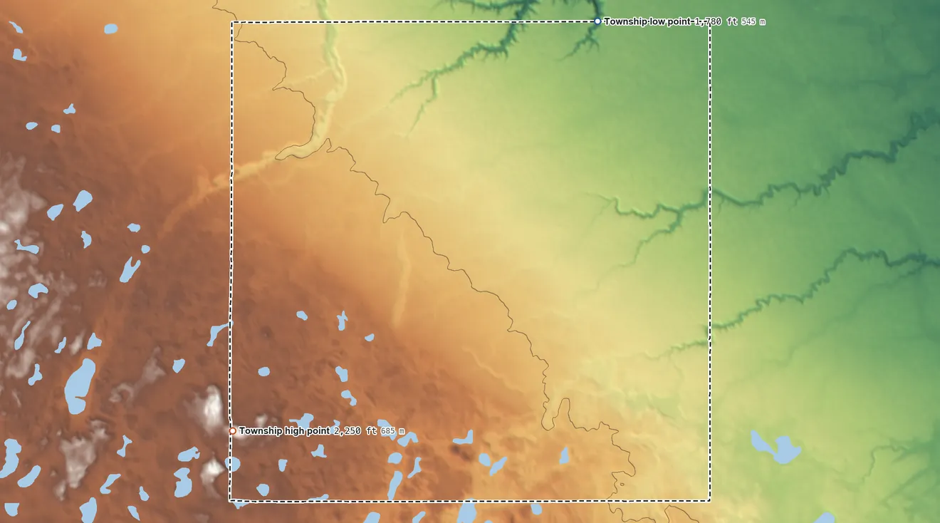 Topographic elevation map of Burt Township, North Dakota, shaded from 1,780 ft on the northeast side to 2,250 ft on the southwest side