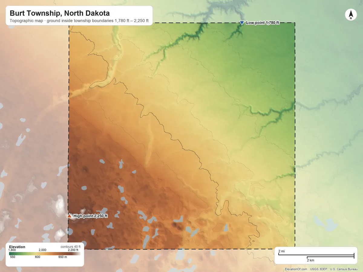 Topographic elevation map of Burt Township, North Dakota, shaded from 1,780 ft on the northeast side to 2,250 ft on the southwest side