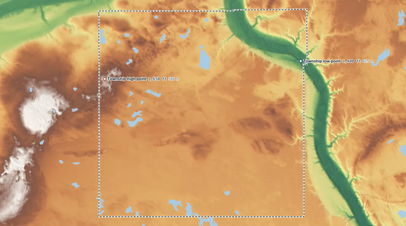 Topographic elevation map of Bush Township, North Dakota, shaded from 1,400 ft on the northeast side to 1,650 ft on the west side