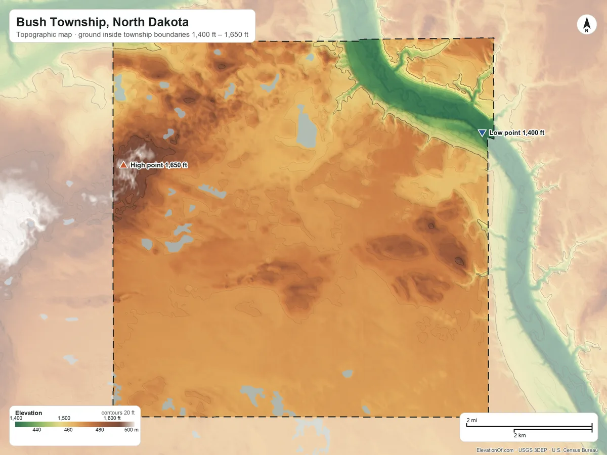 Topographic elevation map of Bush Township, North Dakota, shaded from 1,400 ft on the northeast side to 1,650 ft on the west side
