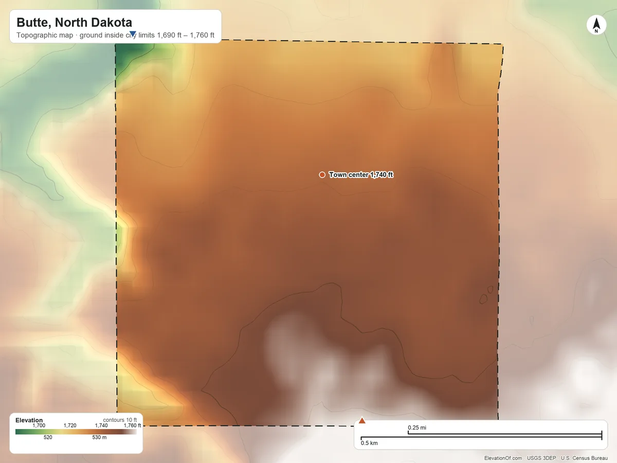 Topographic elevation map of Butte, North Dakota, shaded from 1,690 ft on the northwest side to 1,760 ft on the south side