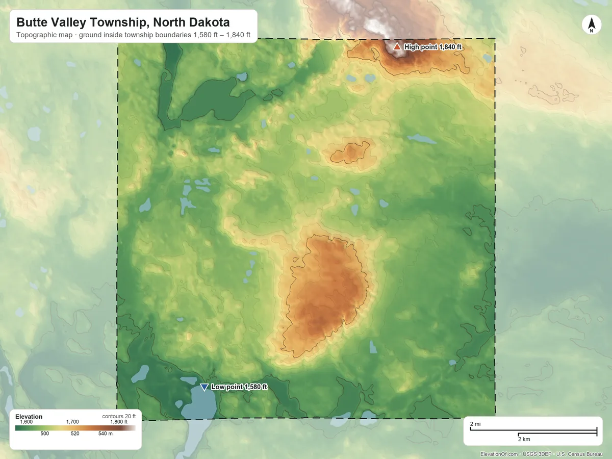 Topographic elevation map of Butte Valley Township, North Dakota, shaded from 1,580 ft on the southwest side to 1,840 ft on the northeast side