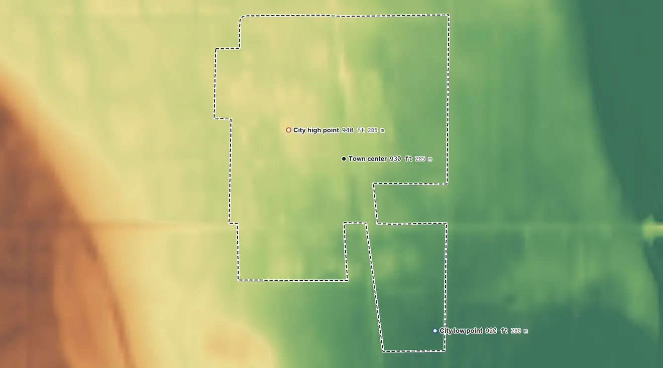 Topographic elevation map of Buxton, North Dakota, shaded from 920 ft on the southeast side to 940 ft on the northwest side