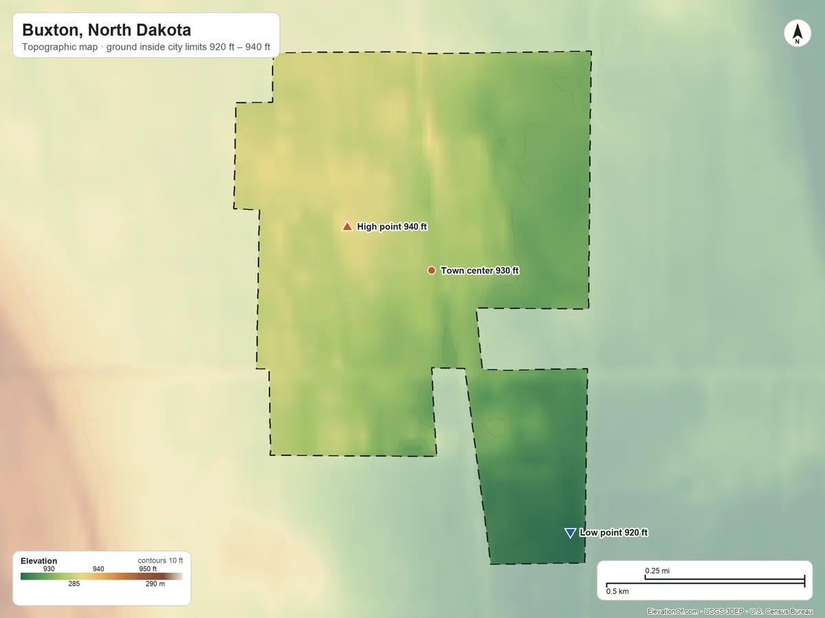 Topographic elevation map of Buxton, North Dakota, shaded from 920 ft on the southeast side to 940 ft on the northwest side