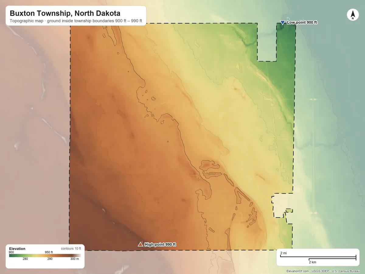 Topographic elevation map of Buxton Township, North Dakota, shaded from 900 ft on the northeast side to 990 ft on the southwest side