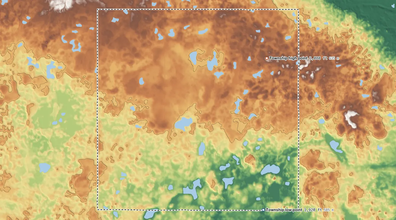 Topographic elevation map of Byersville Township, North Dakota, shaded from 1,920 ft on the southeast side to 2,080 ft on the northeast side