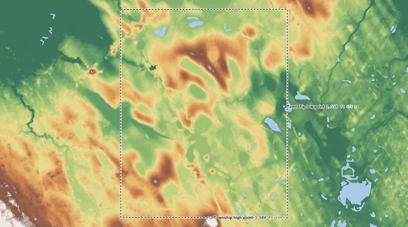 Topographic elevation map of Byron Township, North Dakota, shaded from 1,550 ft on the northeast side to 1,600 ft on the southeast side