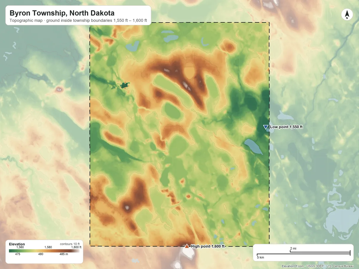 Topographic elevation map of Byron Township, North Dakota, shaded from 1,550 ft on the northeast side to 1,600 ft on the southeast side