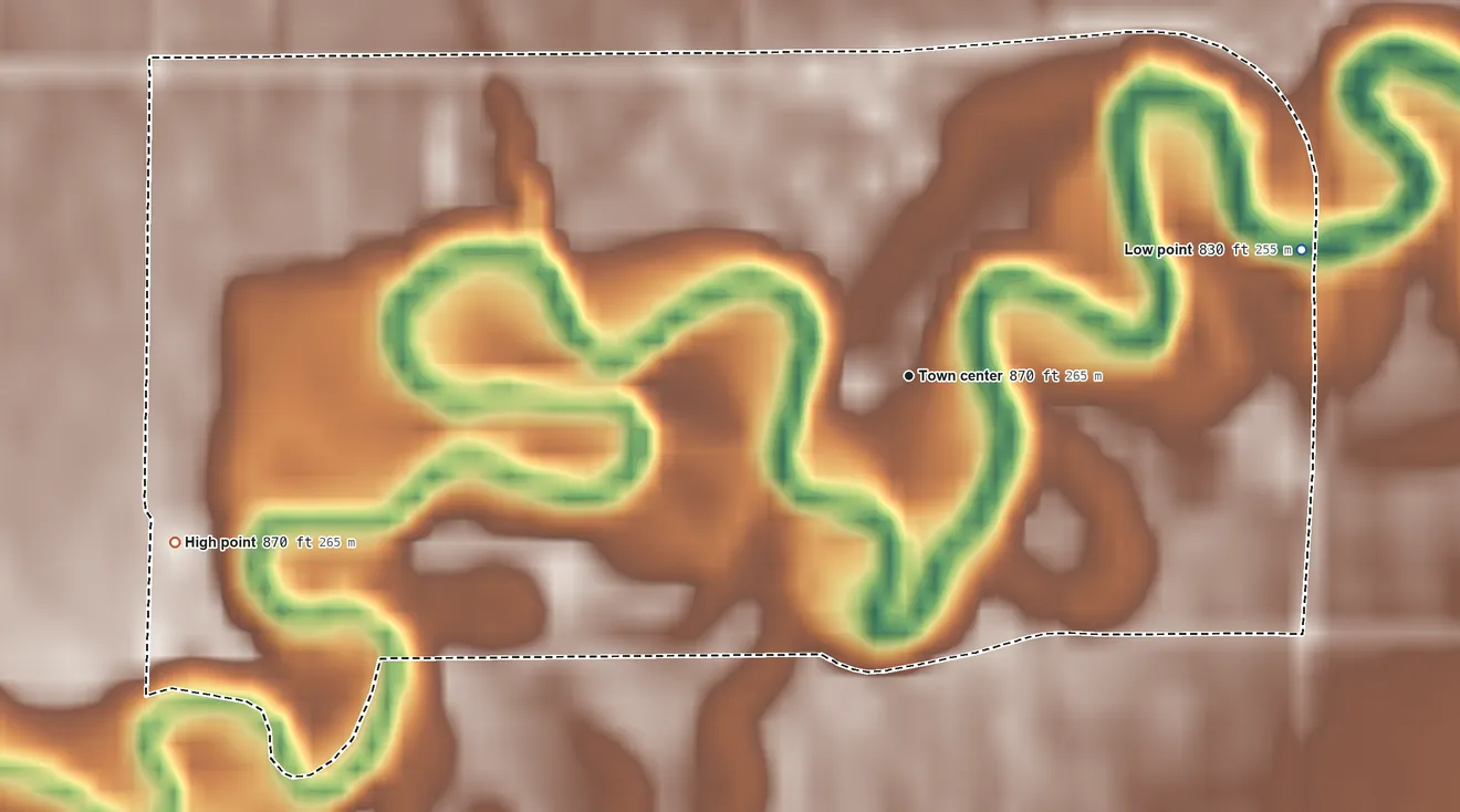 Topographic elevation map of Caledonia, North Dakota, shaded from 830 ft on the east side to 870 ft on the west side