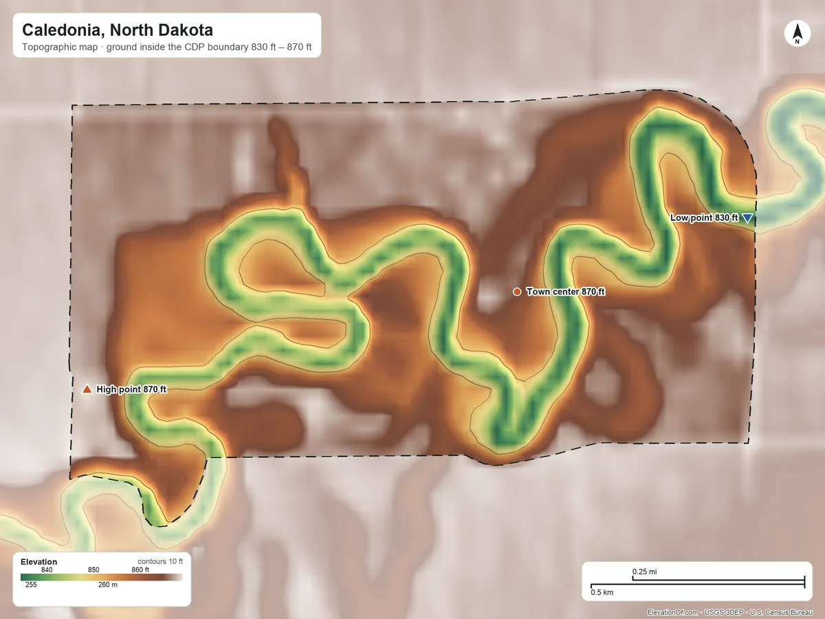 Topographic elevation map of Caledonia, North Dakota, shaded from 830 ft on the east side to 870 ft on the west side
