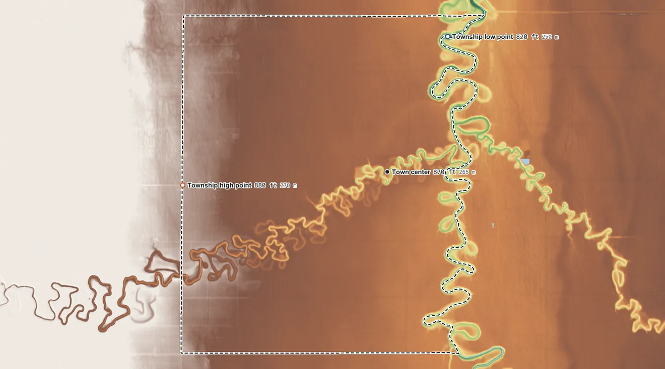 Topographic elevation map of Caledonia Township, North Dakota, shaded from 820 ft on the northeast side to 880 ft on the west side