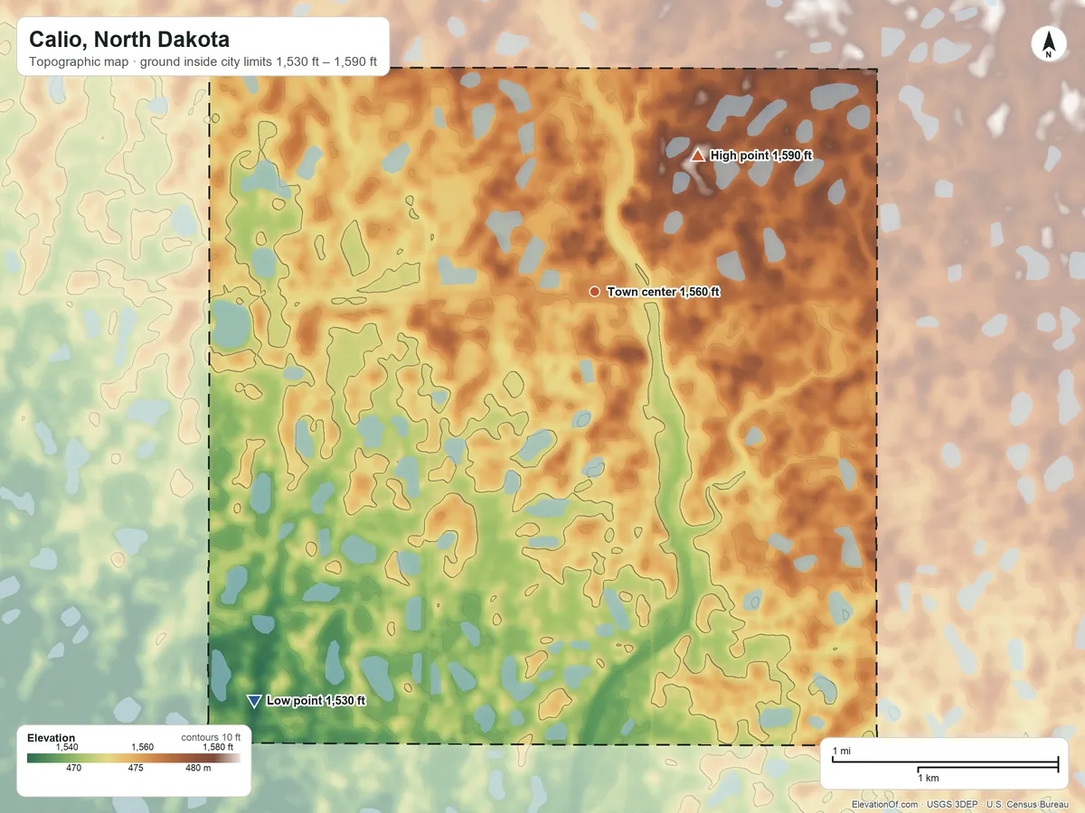 Topographic elevation map of Calio, North Dakota, shaded from 1,530 ft on the southwest side to 1,590 ft on the northeast side