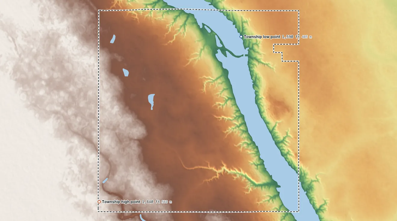 Topographic elevation map of Callahan Township, North Dakota, shaded from 1,590 ft on the northeast side to 1,840 ft on the southwest side