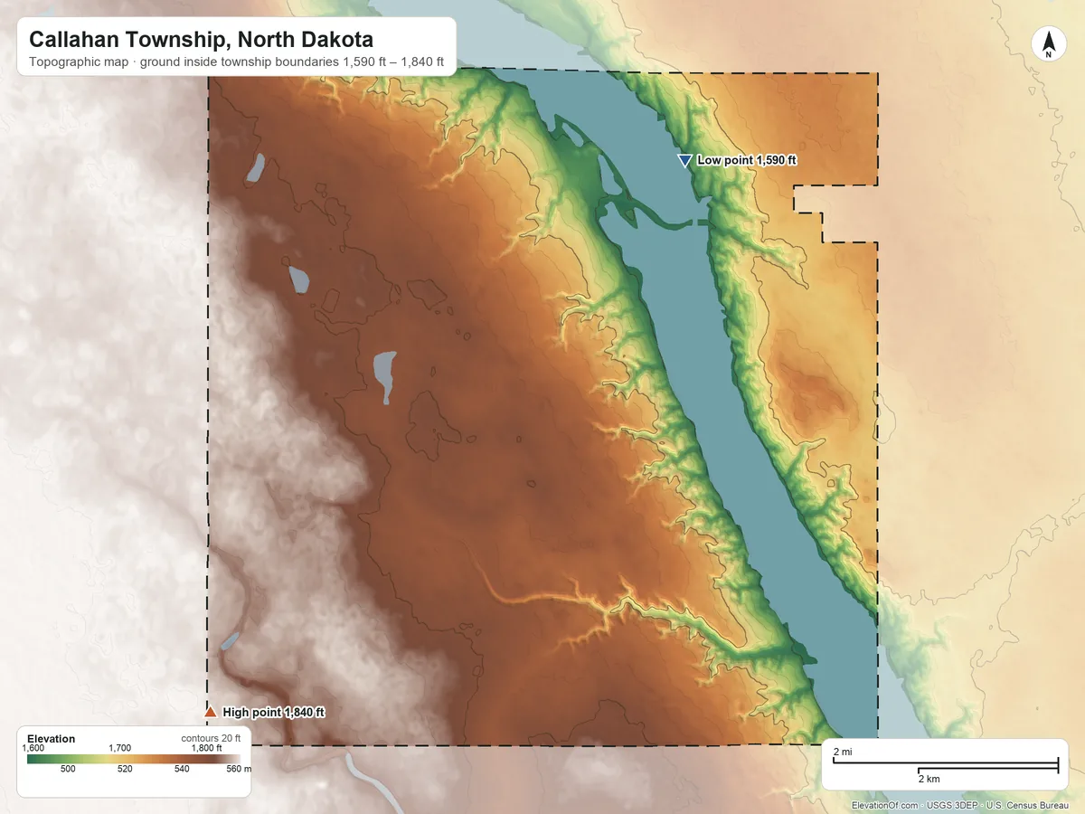 Topographic elevation map of Callahan Township, North Dakota, shaded from 1,590 ft on the northeast side to 1,840 ft on the southwest side
