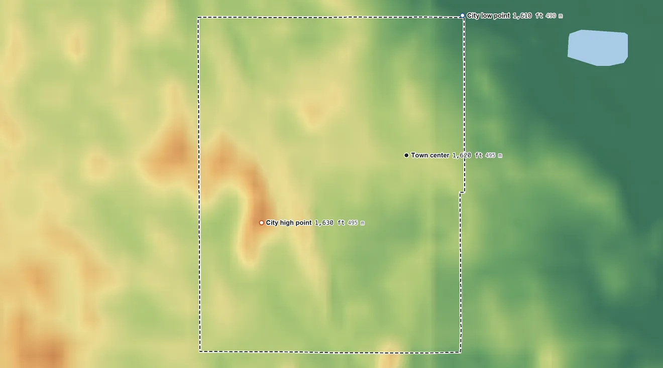 Topographic elevation map of Calvin, North Dakota, shaded from 1,610 ft on the north side to 1,630 ft on the southwest side