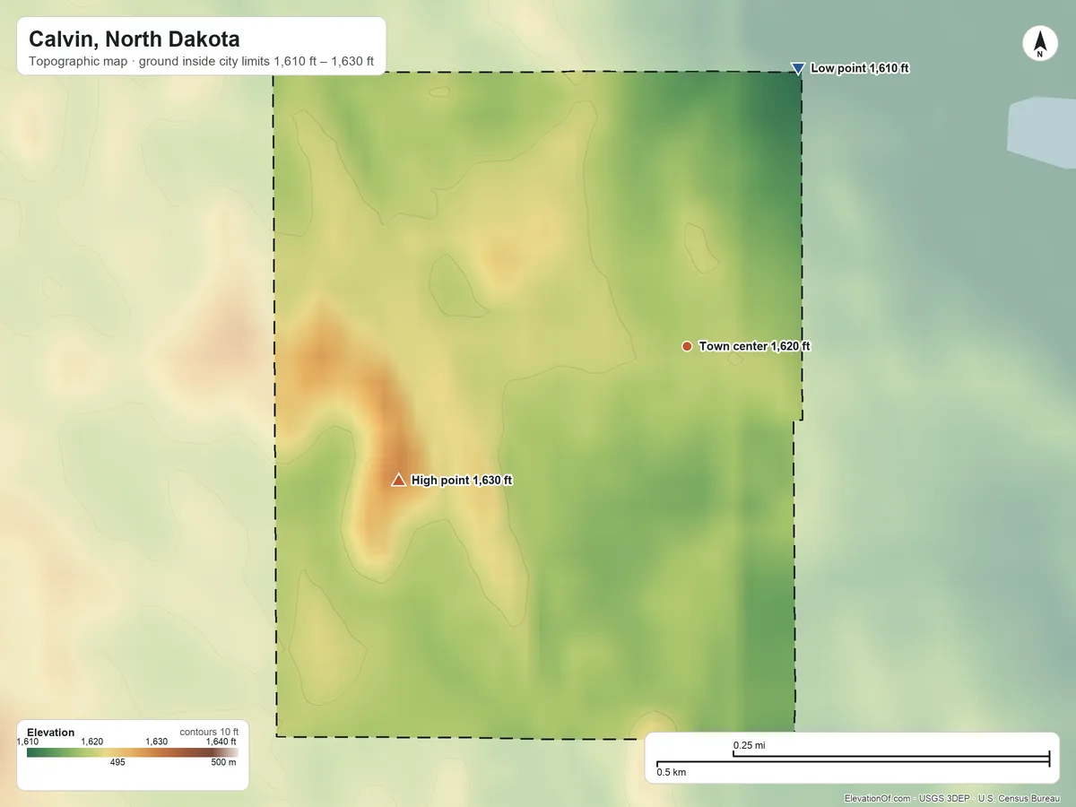 Topographic elevation map of Calvin, North Dakota, shaded from 1,610 ft on the north side to 1,630 ft on the southwest side