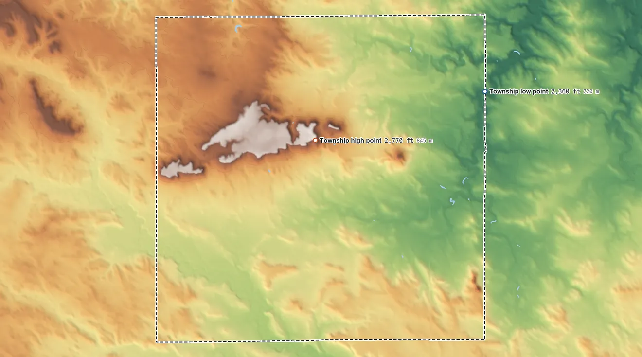 Topographic elevation map of Campbell Township, Hettinger County, North Dakota, shaded from 2,360 ft on the northeast side to 2,770 ft on White Butte